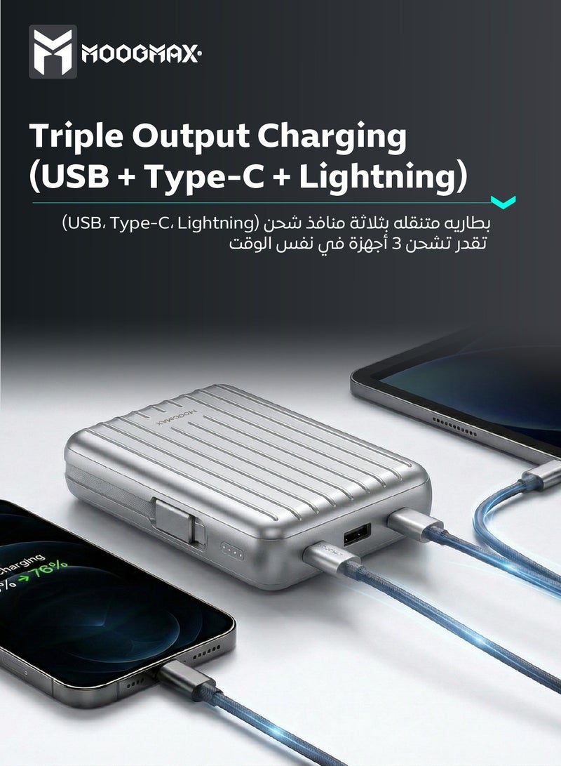 موجماكس باور بنك بسعة 10000 مللي أمبير. باور بانك صغير لاسلكي مغناطيسي (ماج سيف). شاحن متنقل صغير بثلاث منافذ (يو اس بي& تايب سيPD& لايتنينج ايفون). بطاريه متنقله باسلاك شحن قماشية مدمجة (تايب سي& لايتنينج ايفون). بور بنك بقوة شحن 15واط لشحن اللاسلكي و22.5 واط لمنافذ الشحن والكيابل. فضي - Image 4